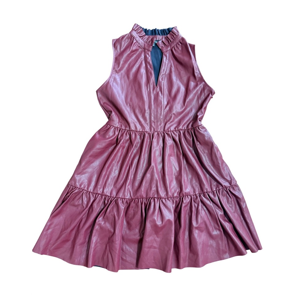 Fate Burgundy Faux Leather Tiered Dress Ruffle Neck Sleeveless S Burgundy